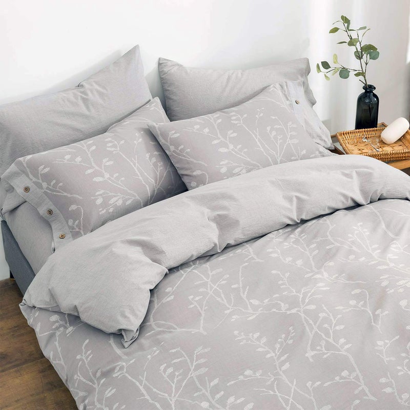 OREISE Duvet Cover Set King Size Washed Cotton Yarn, Jacquard Gray and White Thick Branch Pattern Floral Style 3Piece Bedding Set - Image 3